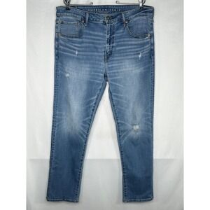 American Eagle Athletic Straight Airflex+ Jeans Mens Blue Medium Wash Distressed
